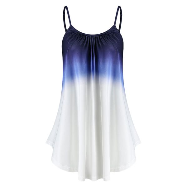

plus size ombre printed flare women tank spaghetti strap summer camis casual loose female long tunic t-shirt, White