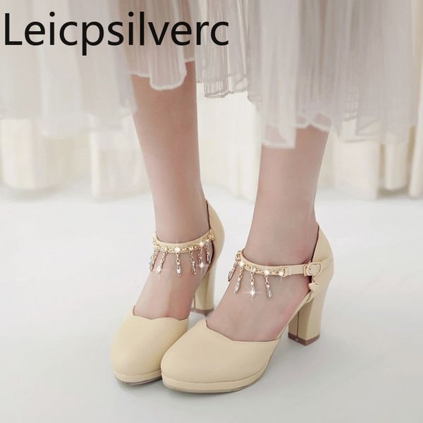 

pumps spring and autumn the new round head shallow mouth buckle tassel crystal thick heel high heel women's shoes 34-39, Black