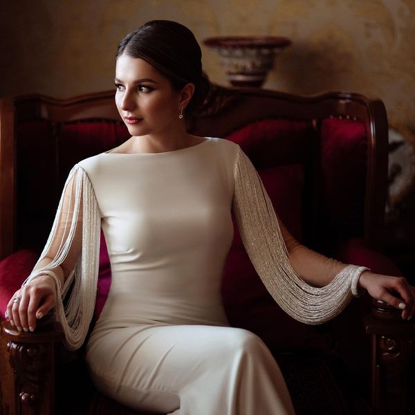 

2020 long sleeve mermaid wedding dresses stain tassel bridal gowns chapel train elegant wedding dresses vestidos de novia, White