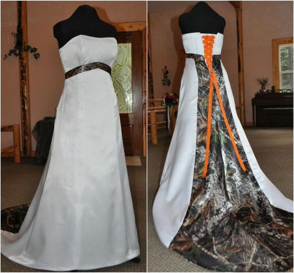

stapless satin wedding dress with camo ideas sleevess corset camo bridal dress gown with orange tie, White