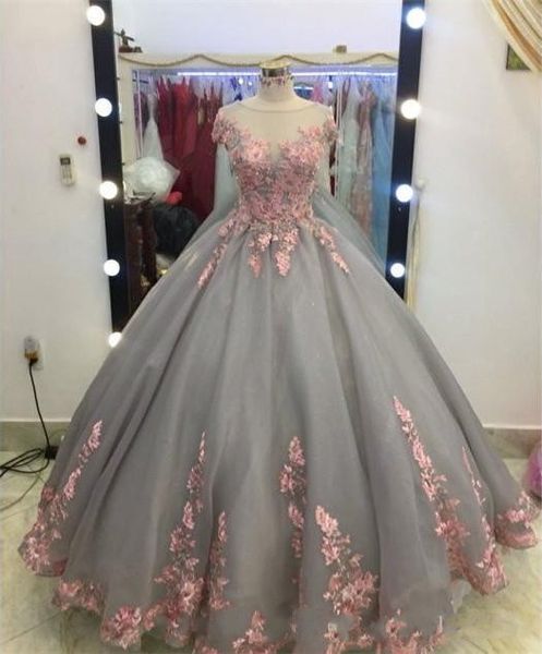 Новые роскошные платья для бального платья Quinceanera иллюзия розовые кружевные аппликации короткие рукава сладкие 16 плюс размер вечеринки вечерние платья вечерние платья