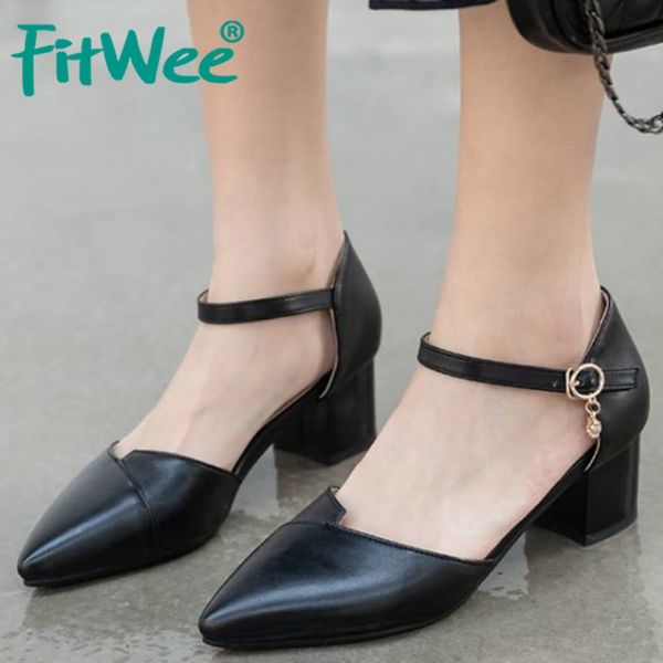 

fitwee pointed toe sandals spring summer women shoes thick high heels shoes buckle cover heel sandals work footwear size 30-43, Black