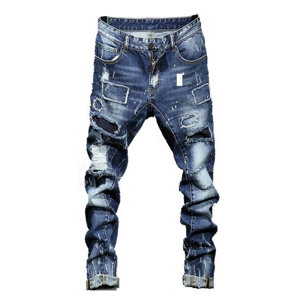 

2019 new fashion street brand men's jeans slim straight hole patch tide denim trousers more sizes 29-34 36 38, Blue