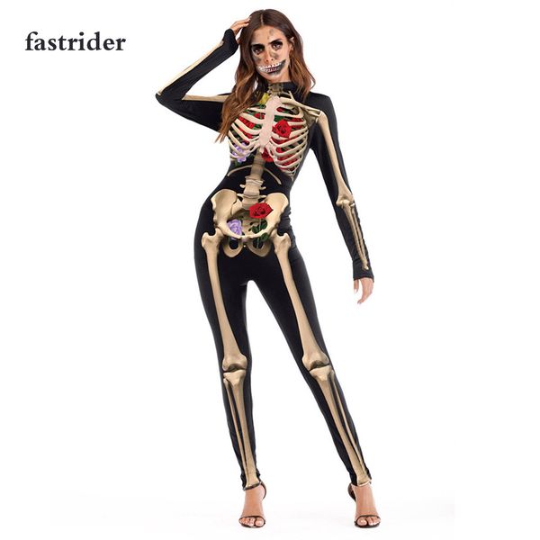 

new rose mechanical bone costume cosplay scary halloween costumes for women skeleton zombie skull floral bodysuit, Black;red