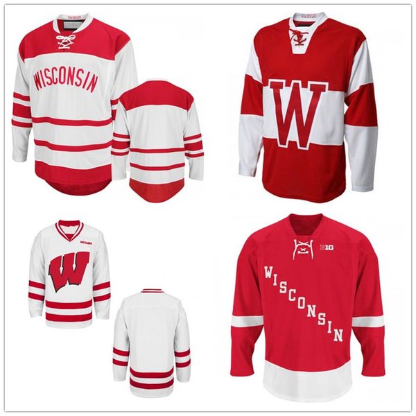 

custom ncaa men's wisconsin badgers cardinal college red white hockey jerseys red white stitched logos any name and number customized, Black