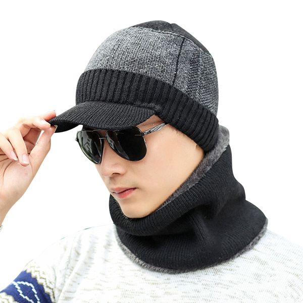 

men winter warm cap with scarf knit visor beanie fleece lined cap with brim knitted scarf ty66, Blue;gray