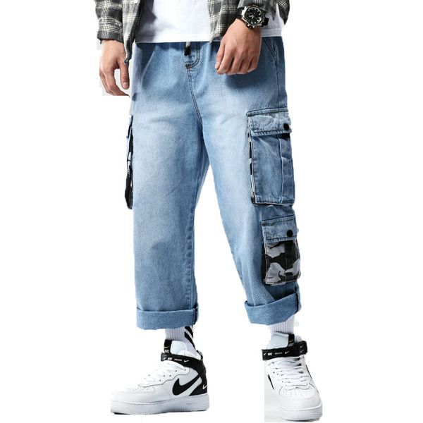 

mens denim cargo pants 2020 men baggy blue jeans side pockets biker jeans men hip hop ankle-length pants male joggers trousers