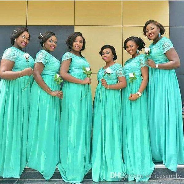 Mint Green Long Bridesmaid платья в линейке прозрачный экипаж шеи с короткими рукавами Южноафриканский дешевый плюс размер горничных платьев чести