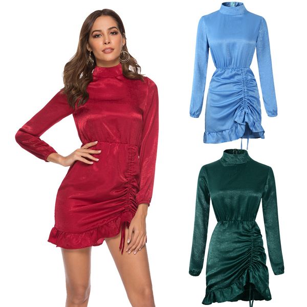 

women solid color dresses stand collar ruffled dress bag bodycon dress, Black;gray