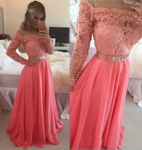 

selling long sleeve evening dresses with appliques and pearls off-shoulder floor-length evening gowns with sash prom party dresses, Black;red