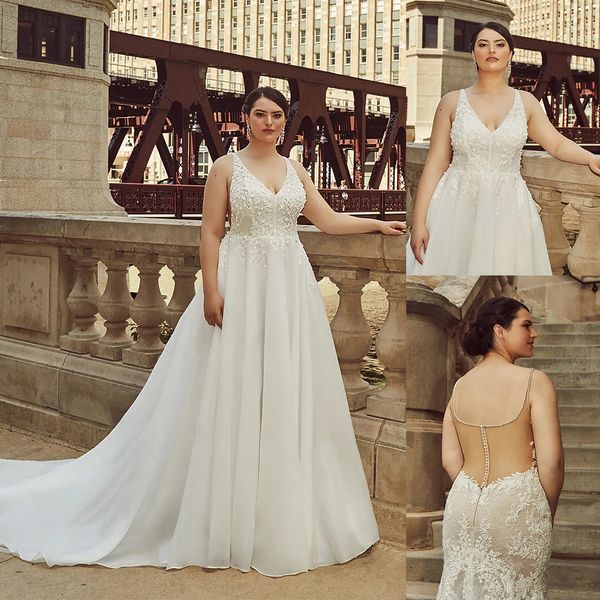 

plus size wedding dresses v neck lace appliques bridal gowns beach sweep train backless wedding dress, White