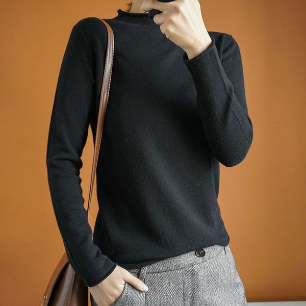 

spring autumn 100% wool knitted sweater women pullover long half turtleneck soft female pullover women sweater pull femme jumper, White;black