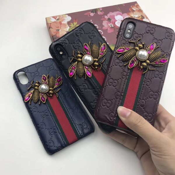 

Dual Metallic Pearl Bee Leather Back Case Diamond Plaid Holster Phone Shell Stripe Print for iPhone XS Max XR 6s 7 8 Plus