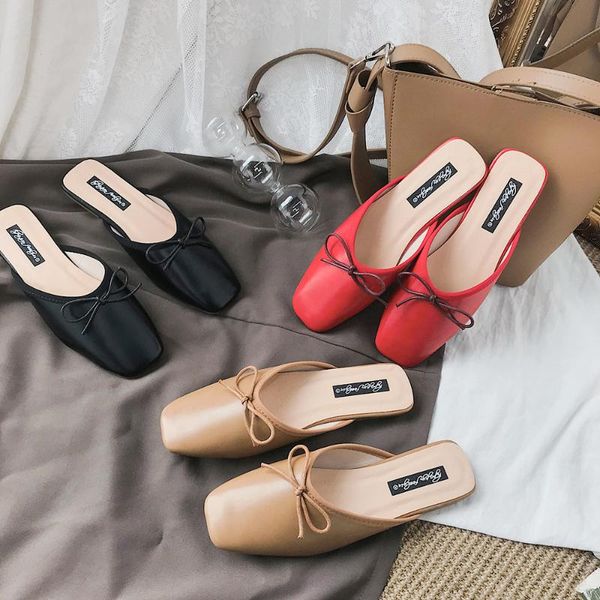 

women slippers 2020 spring new korean half slipper women shoes bow soft sweet retro cool drag ladies slippers, Black