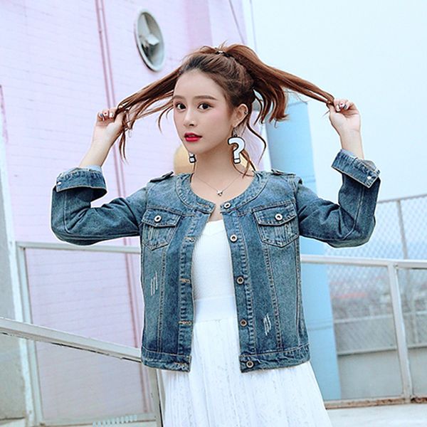 

plus size round collar jeans jacket 4xl 5xl sweet women light blue bomber short denim jackets long sleeve jaqueta casual coat, Black;brown