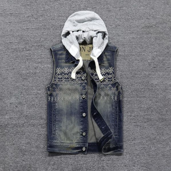 

bonjean men's casual detachable hooded denim vest slim vintage blue sleeveless jackets tank diamond embroidery, Black;white