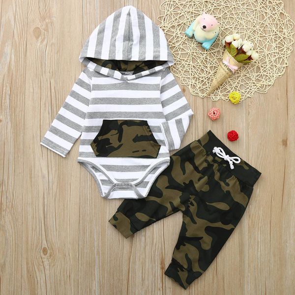 

baby clothes 2019 fashion newborn infant baby long sleeve striped hoodie romper jumpsuit+ camouflage pants outfits w527, White