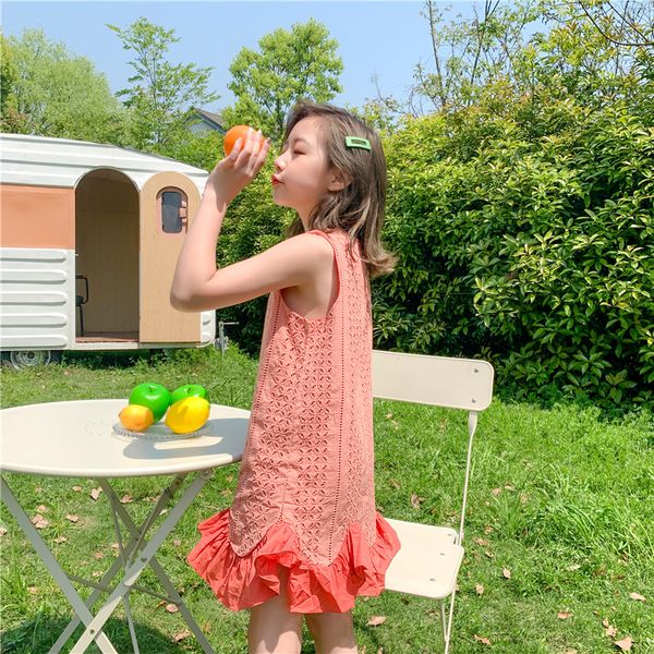 

hollow fishtail dress kids girl 8 10 12 years sleeveless summer 2020 orange color cotton princess girls outfit, Red;yellow