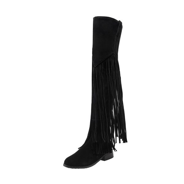 

2019 new flat shoes womans boots pu shoes woman pointed square heel solid color tassel women's winter boots size 34-39, Black