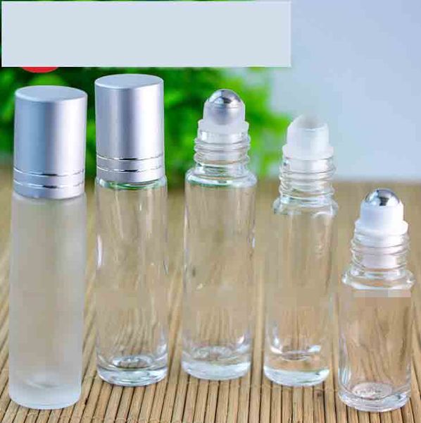 

10ml essential oil roll-on bottles transparent frosted perfume thick glass bottle stainless steel roller balls silver cap roller bottles