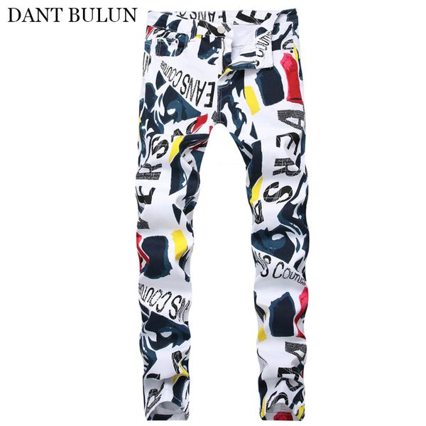 

mens jeans streetwear slim fit denim jeans stretchy letters black white color printed homme punk pants hip hop, Blue