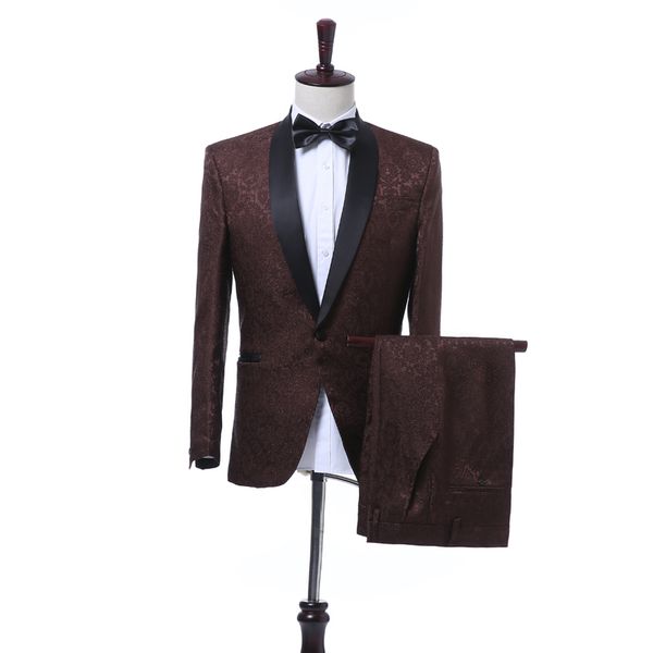 

brown jacquard groom tuxedos shawl lapel men wedding tuxedos excellent jacket blazer popular men dinner/darty suit(jacket+pants+tie) 679, Black;gray