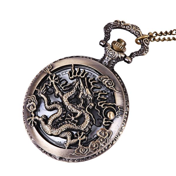 

classic dragon theme hollow pocket watch vintage bronze women men pocket watch with chain digital quartz fob for gift 2019, Slivery;golden
