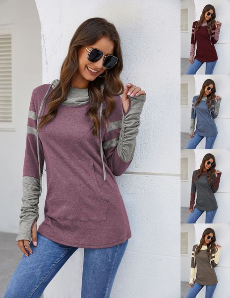 

womens patchwork color block hooded hoodies cowl neck drawstring casual pullover sweatshirts, Black