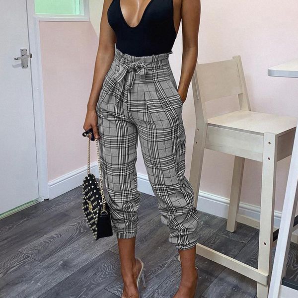 

2019 new fashion women casual bow lattice loose pants long pants pencil stretch skinny streetwear drop shipping, Black;white