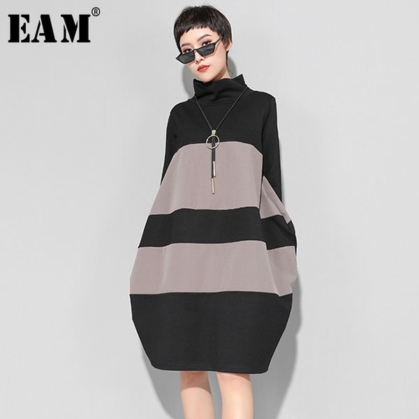 

eam] 2020 new spring winter high collar long sleeve brief pocket striped hit color loose dress women fashion tide jk400, Black;gray