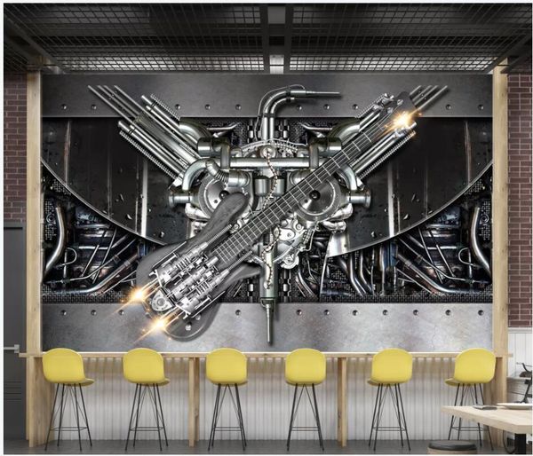 

wdbh 3d wallpaper custom p industrial wind metal machinery bass guitar bar living room home decor 3d wall murals wallpaper for walls 3 d