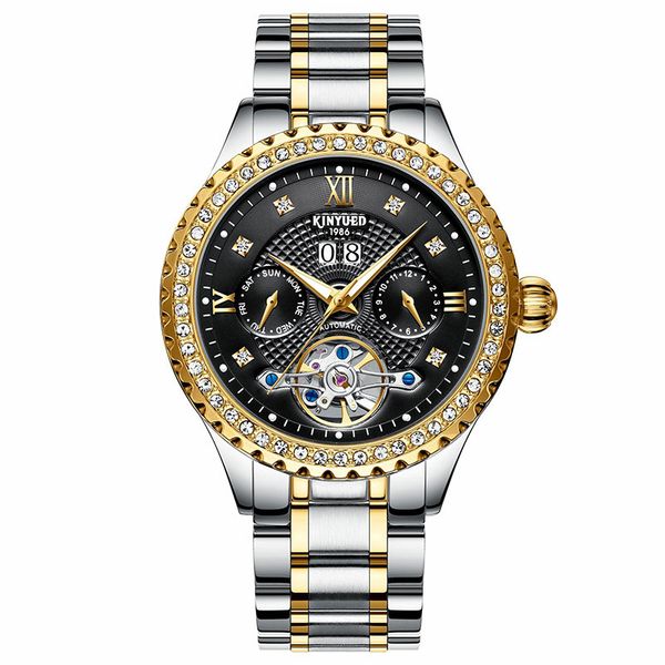 

kinyued rhinestone steel watch men automatic mechanical watch male calendar watches waterproof multifunctional clock, Slivery;brown