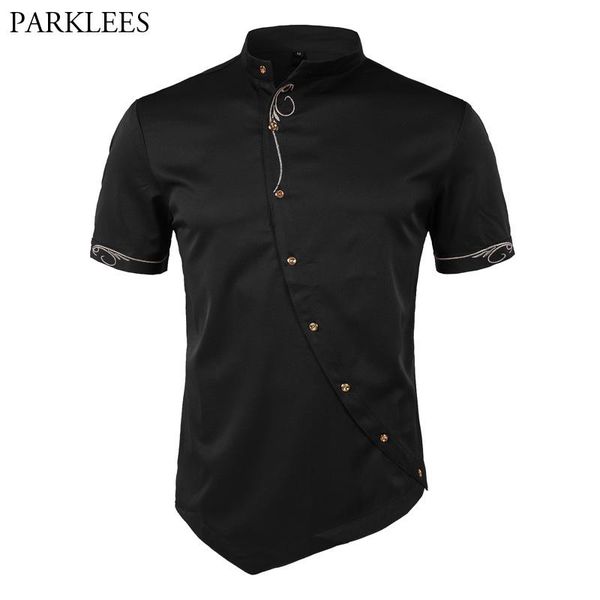 

вышивка shirt мужчины 2018. личность косой кнопка нерегулярное mens причинная рубашки платья с коротким рукавом мандарин воротник рубашки му, White;black