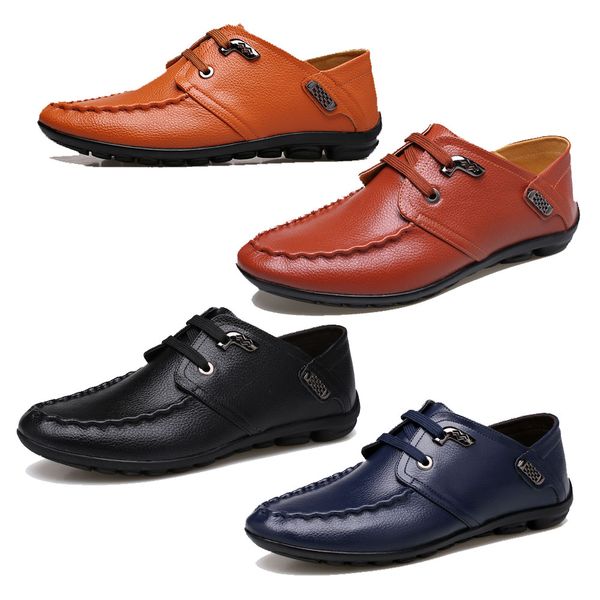 

new arrival classic genuine leather men casual shoes new fashion make hand suture comfortable shoes slip-on 4 colors rubber non-slip sole, Black