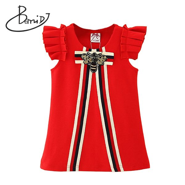 

2019 party wedding vestidos infant children clothes retail kids girls dresses 3-7t princess girl striped bow dress o-neck, Red;yellow