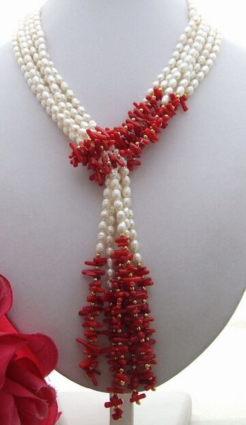 

sell new -&gt;&gt;3strds 50" white pearl&coral necklace, Silver