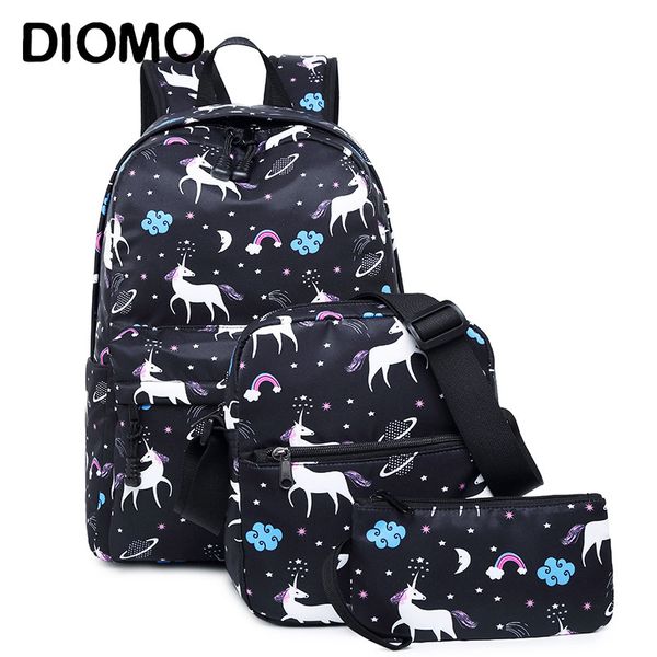 

diomo unicorn backpack female women school bags set for girl teenagers satchel female animal bagpack kids crossbody bag child y200706