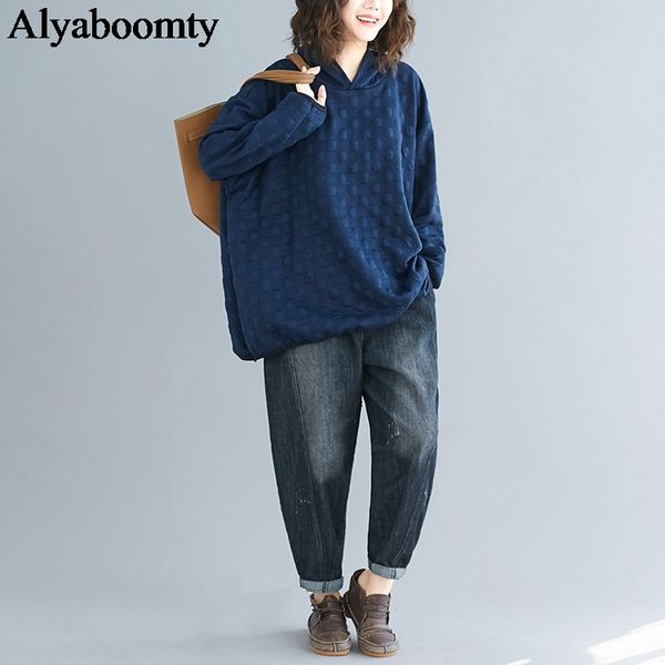

korean style plus size autumn winter women hoodies hooded navy blue oversized female pullover cotton polka dot warm overcoat, Black