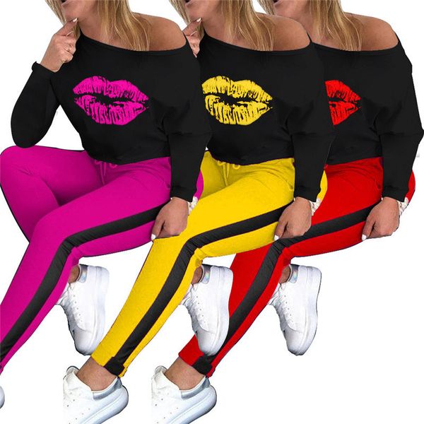 

женщины двухкусочный эпикировка мода tracksuit с длинным рукавом lip печати футболка топы брюки поножи повседневные спортивные костюмы женск, White