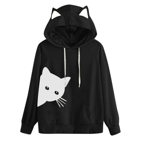 

autumn hoodies for women casual loose simple cartoon cat print patterns long-sleeved hoodie s-xxl, Black