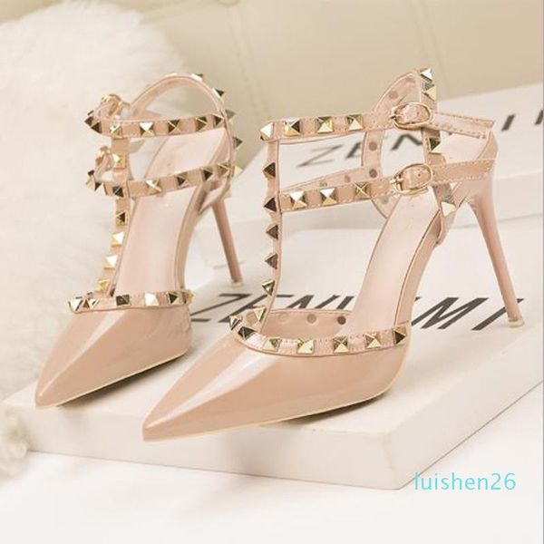 

women's 8cm ultra high heels shoes women's patent leather studded style high heels shoes women's roman style sandals ty-49 l2, Black