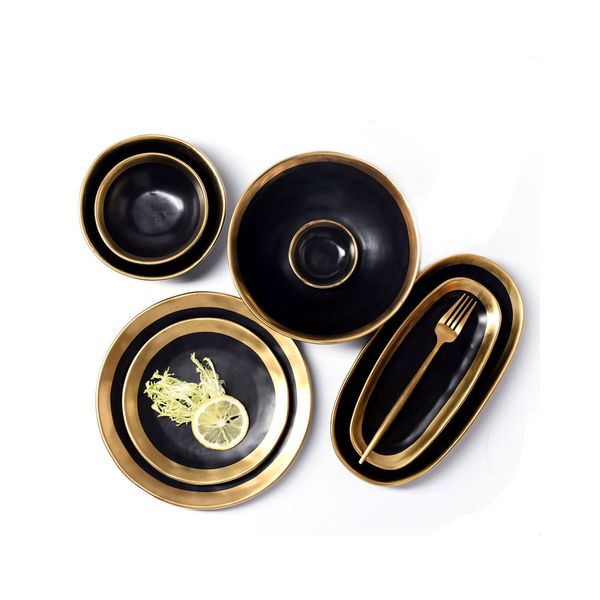 

handmade contemporary ripple design gold rimmed ceramic dinnerware creative dinner plates serving platter salad bowls black white