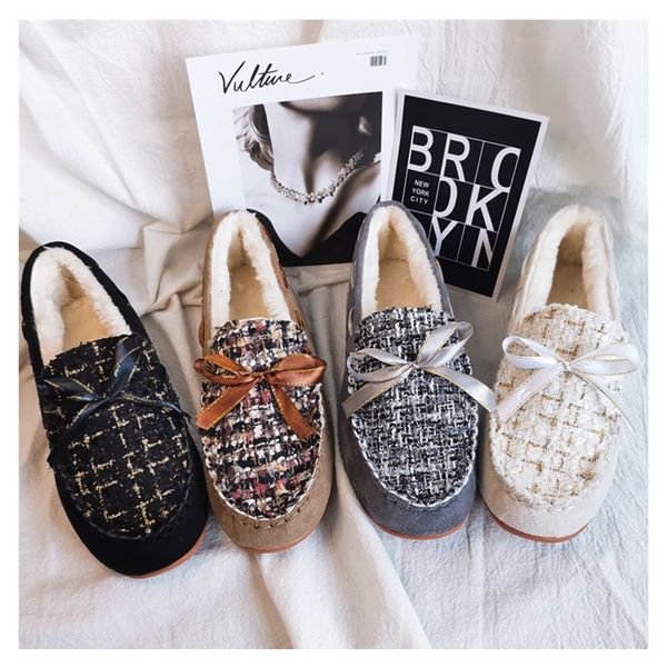 

women winter new mixed colors flats shoes female bow loafers ladies plush warm slip-on flats shoes fashion casual, Black