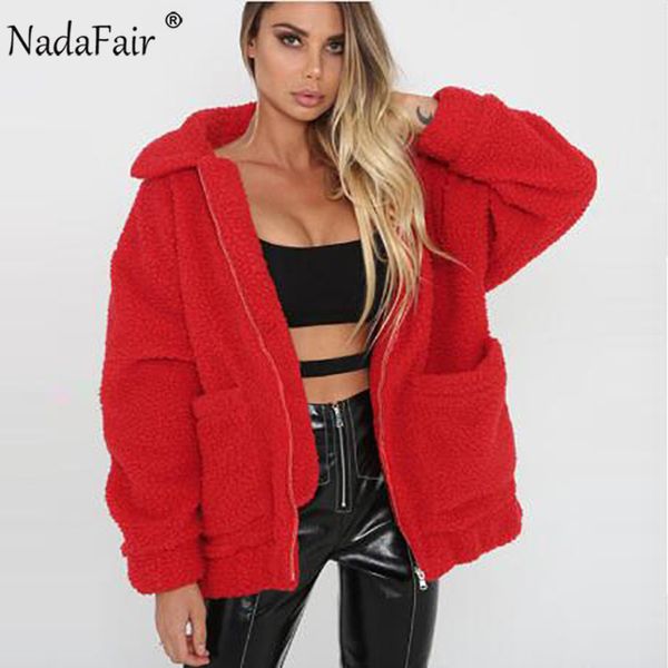 

nadafair plus size fleece faux shearling fur jacket coat women autumn winter plush warm thick teddy coat female casual overcoat, Black;brown