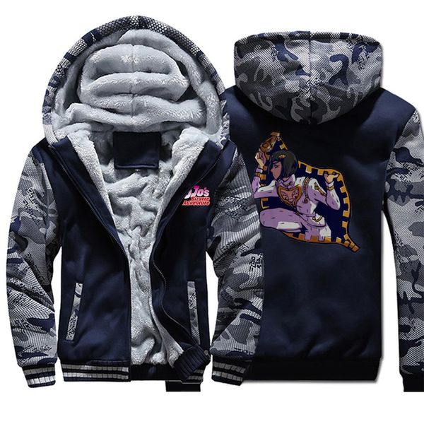 

jojo bizarre adventure camouflage winter jacket men fleece thick warm mens jackets and coats hoodies sweatshirt sportswear coat, Black