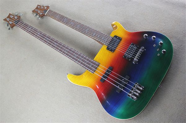 Neue Double Neck Rainbow Korpus 4+6 Saiten E-Gitarre/Bassgitarre mit Flammenahornfurnier, Palisandergriffbrett, kann individuell angepasst werden