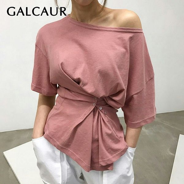

galcaur solid irregular t shirt for women o neck short sleeve slim button ruched female summer 2019 fashion clothes new, White