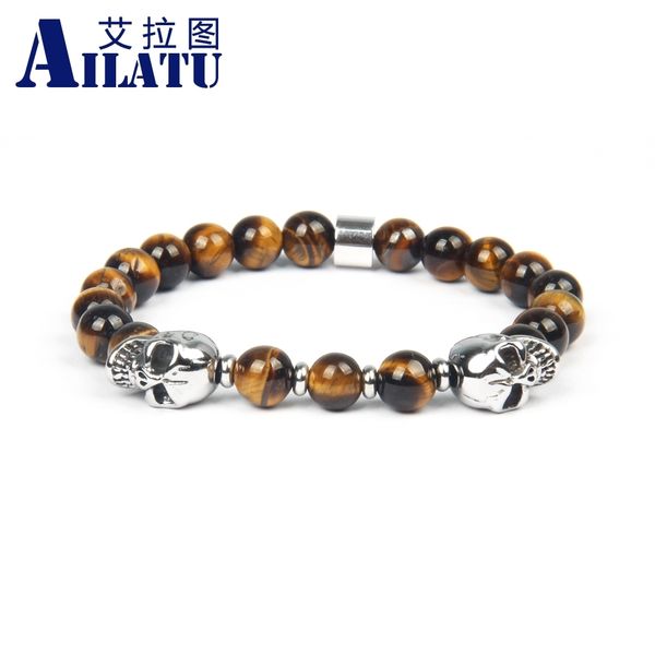 

ailatu classic men's jewelry stainless steel double skull bracelet with 8mm natural tiger eye stone beads not fade, Golden;silver