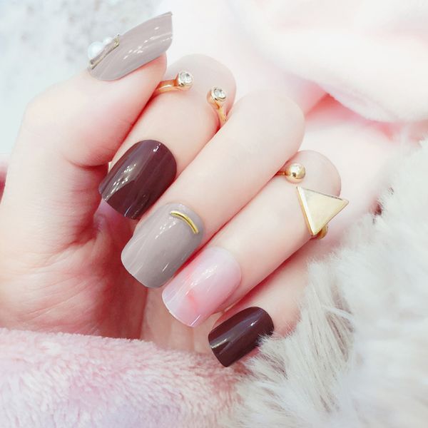 

24pcs nail forms brown gray pink for false nails fake nails art type for manicure daily short toe nail with accessories, Red;gold