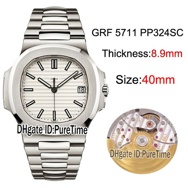 

new grf nautilus 5711/1a-011 cal pp324sc automatic mens watch steel case white textured dial ss bracelet(th:8.9mm) edition puretime, Slivery;brown